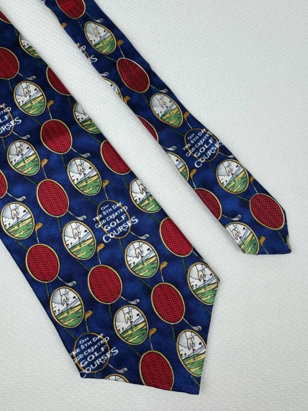 Shoebox Golf Theme Silk Tie 8th Day God Created Golf Courses Blue Red Green USA